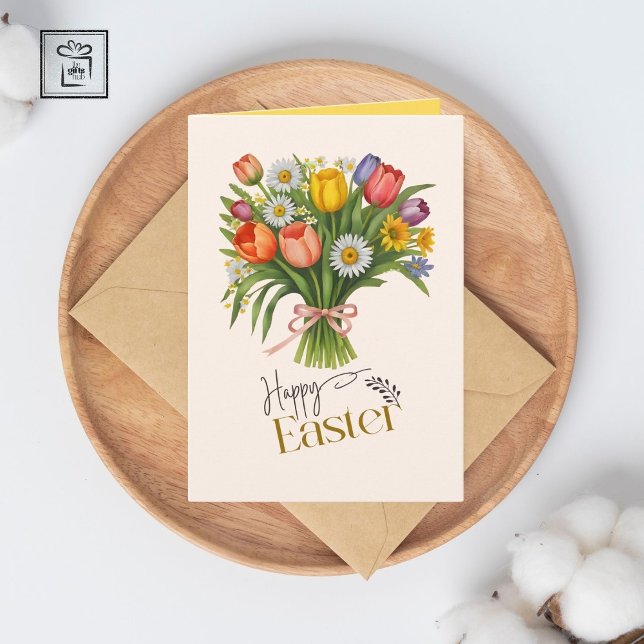 Carte Bouquet de printemps Daffodique Tulip Daisy Fêtes  (Spring Bouquet Daffodil Tulip Daisy Easter Holiday Card)