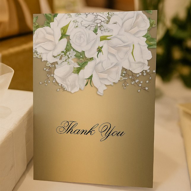 Carte Bouquet de Rose blanche, Merci Mariage or (White Bridal Rose Bouquet Gold Wedding Thank You Card by the Elegant Wedding)