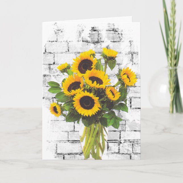 Carte Bouquet de tournesol d'anniversaire sur mur de bri (Devant)