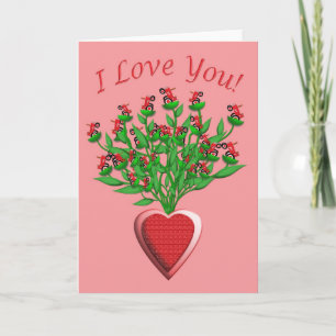 Carte Bouquet de tracteur avec le vase rouge à coeur