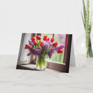 Carte Bouquet de tulipes rouges et de lilas pour anniver