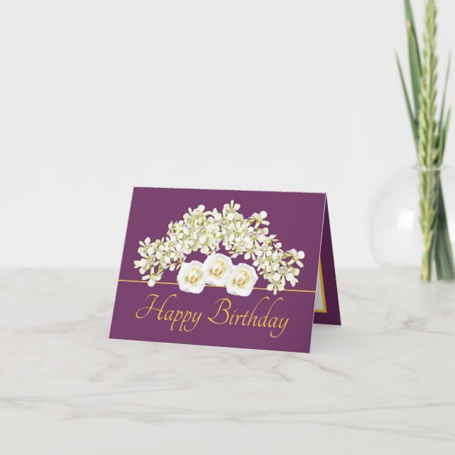 Carte Bouquet d'or violet Orchidées Roses Joyeux anniver (Devant)