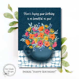 Carte Bouquet floral dans un mug bleu marine pour annive