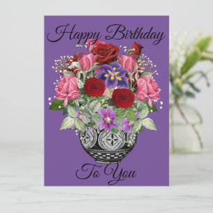 Carte Bouquet floral violet heureux d'anniversaire avec