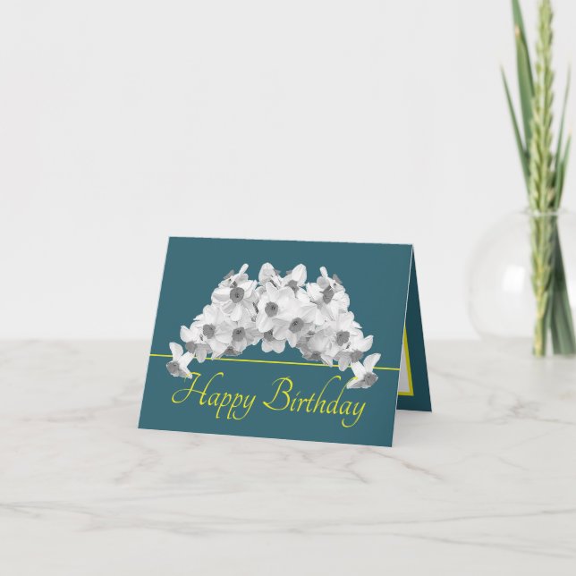 Carte Bouquet jaune vert Daffodile blanc Joyeux annivers (Devant)