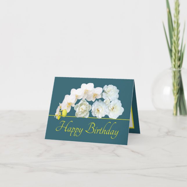 Carte Bouquet jaune vert Fleurs blanches Joyeux annivers (Devant)