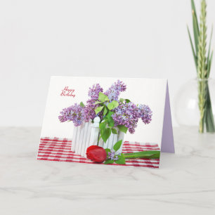 Carte bouquet lilas avec tulipe rouge pour l'anniversair