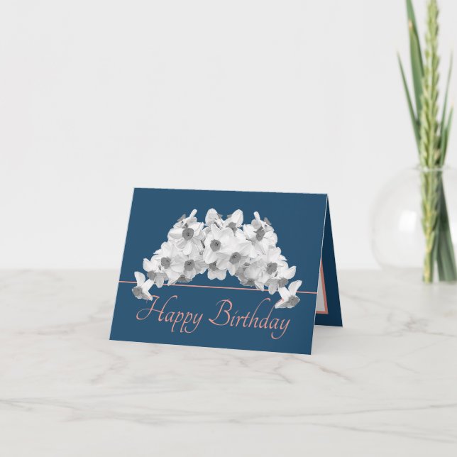 Carte Bouquet rose bleu Daffodiles blancs Joyeux anniver (Devant)