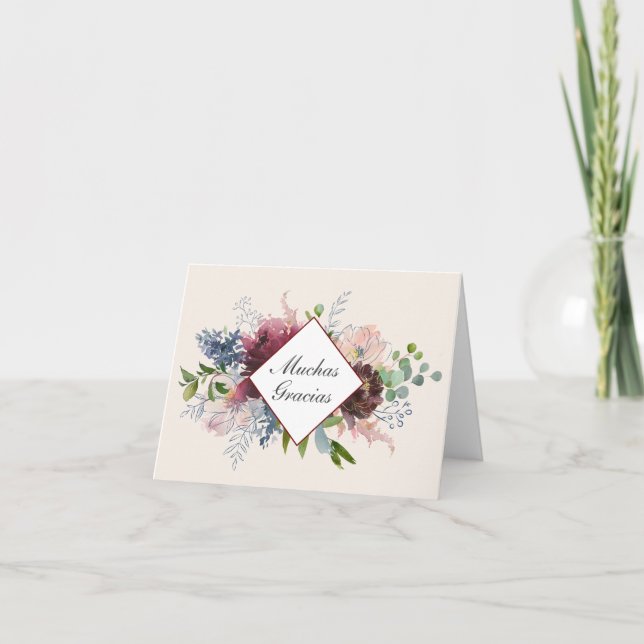 Carte Bourgogne et Merci floral bleu en espagnol (Devant)