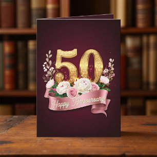 Carte Bourgogne et Rose Floral 50 Anniversaire Mariage