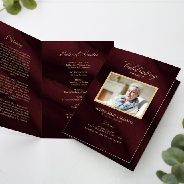 Carte Bourgogne & Gold Calligraphy Memorial Program (Créateur téléchargé)