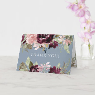Carte Bourgogne rose Floral Élégant Dusty Blue Merci