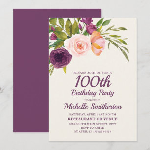 Carte Bourgogne violet bleu rose floral 100e anniversair
