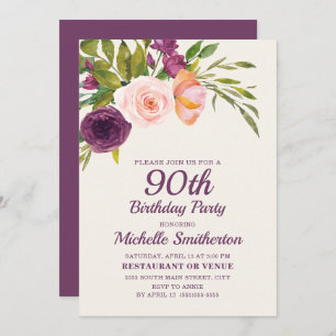 Carte Bourgogne violet bleu rose floral 90e anniversaire
