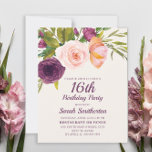 Carte Bourgogne violet rose rose rose floral 16e anniver<br><div class="desc">Elégante et belle couleur violet,  bordeaux,  et rose vif aquarelle fleurie sur l'invitation à la fête du 16e anniversaire crème pour les filles ados. Contactez-nous pour obtenir de l'aide sur la personnalisation ou pour demander des produits correspondants.</div>