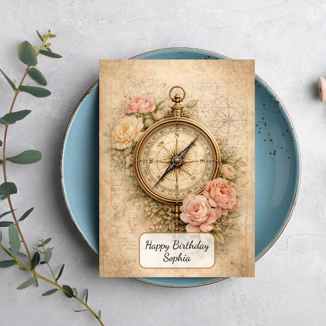 Carte Boussole Vintage avec Roses (Créateur téléchargé)