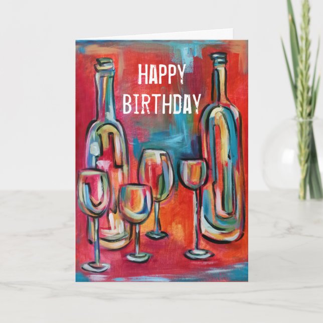 Carte Bouteilles de vin Lunettes Anniversaire Rouge Bleu (Devant)