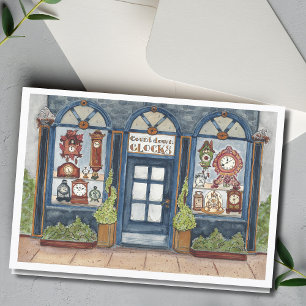 Carte Boutique d'horlogerie vintage du Nouvel An aquarel