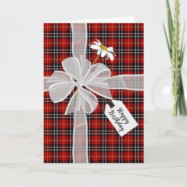 Carte Bow d'anniversaire avec marguerite sur Tartan Plai (Devant)
