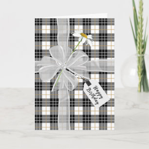 Carte Bow d'anniversaire avec marguerites sur Tartan Pla