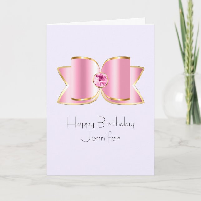 Carte Bow en verre rose avec un centre Gemstone Annivers (Devant)