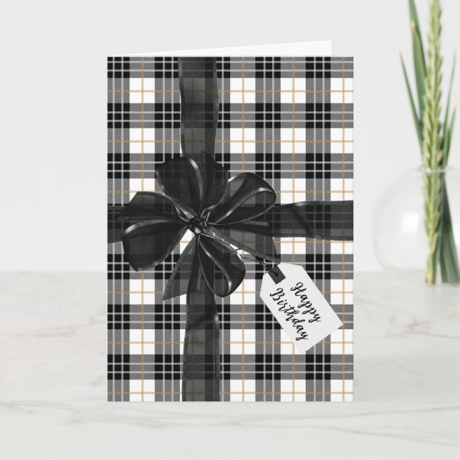 Carte Bow Noir Anniversaire Sur Tartan Plaid (Devant)
