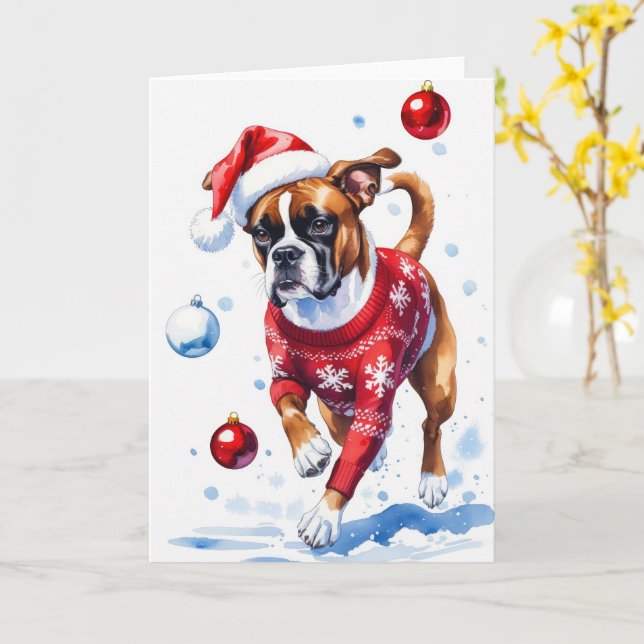 Carte Boxer Chien Salutation de Noël (Fleur jaune)