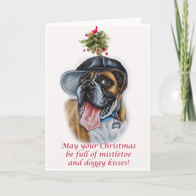 Carte Boxer Dog and Mistletoe Christmas Art (Devant)