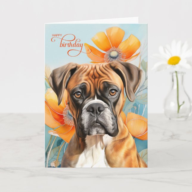 Carte Boxer Dog Birthday Bold Orange Poppy Flowers (Petite plante)