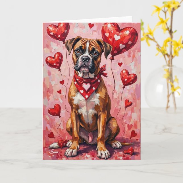 Carte Boxer Saint-Valentin Chien aux Cœurs Rouge (Fleur jaune)