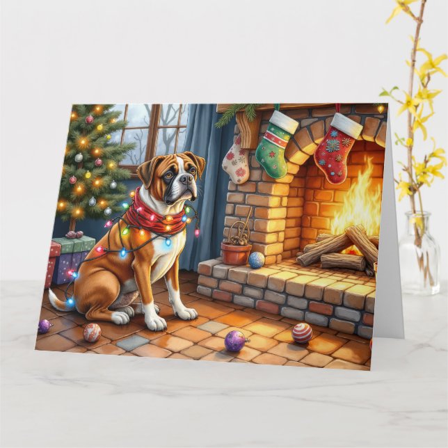 Carte Boxer Sitting by Fireplace with Christmas Lights (Fleur jaune)