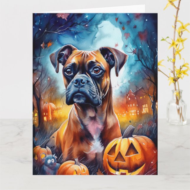 Carte Boxeur d'Halloween avec citrouilles effrayant (Fleur jaune)