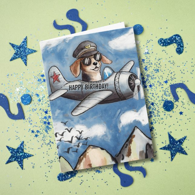 Carte Boy Birthday Dog Airplane Clouds Mountains Funny (Créateur téléchargé)
