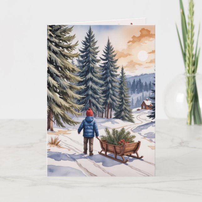 Carte Boy Pulling a Sled With Christmas Evergreen Boughs (Devant)
