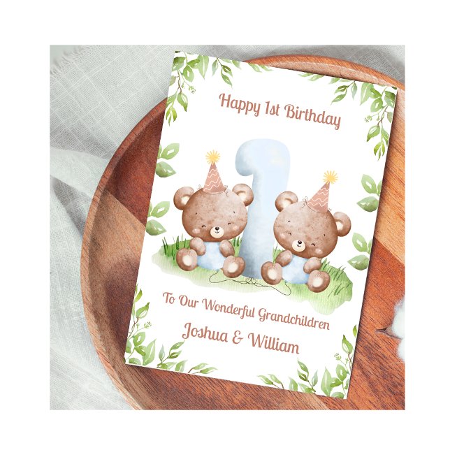 Carte Boy Twins 1st Birthday Greenery Teddy Bear Card (Créateur téléchargé)