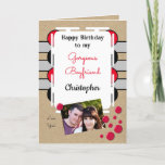 Carte Boyfriend happy birthday red grey photo rustic<br><div class="desc">Happy Birthday to my Gorgeous Boyfriend.
Photo greeting card for him.
Tell your boyfriend he is amazing and you love him.
Grey,  red and black,  with two photos,  front and inside left.
*Kraft graphic effect background.
*Real Kraft card is not used</div>