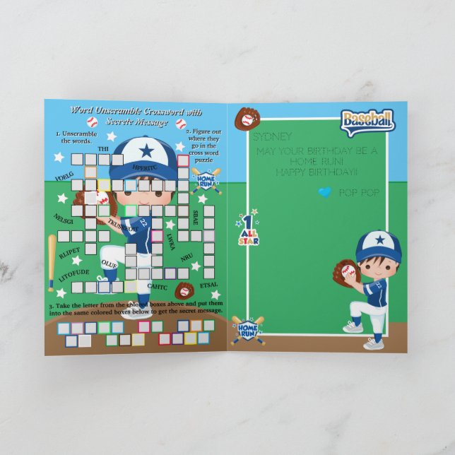 Carte Boys Baseball Secret Message Joyeux anniversaire (Intérieur)