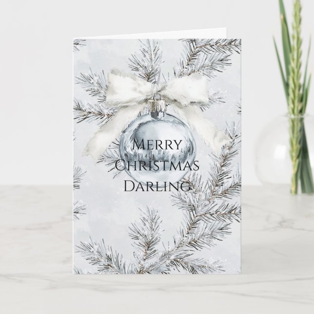 Carte Branches de Noël de l'ornement d'argent blanc Bow (Devant)