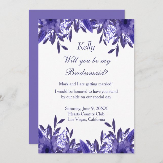 Carte Bridesmaid bleu violet en feuillage floral (Devant / Derrière)
