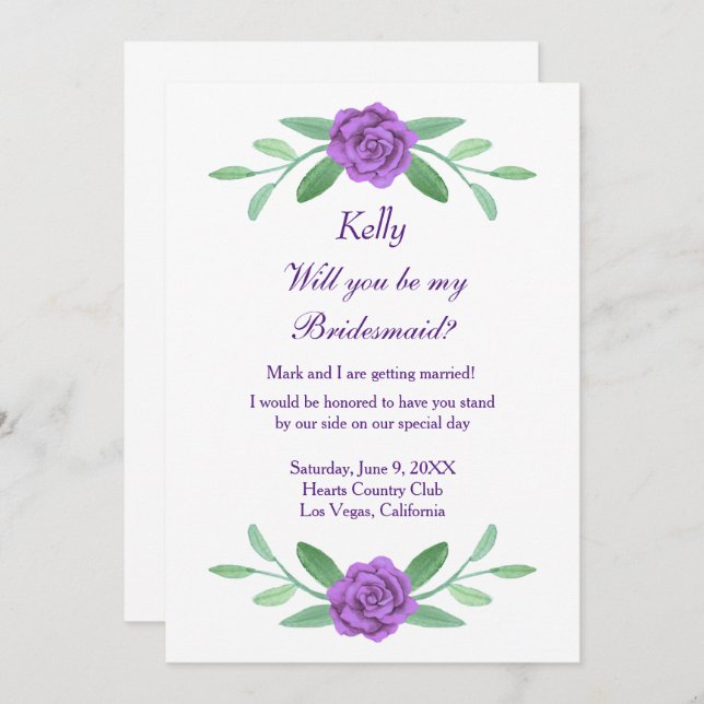 Carte Bridesmaid Foliage Floral Violet (Devant / Derrière)