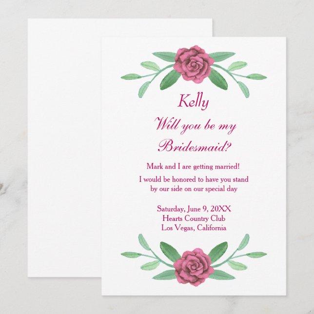 Carte Bridesmaid Foliage Rose Floral (Devant / Derrière)