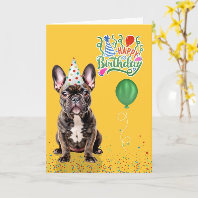 Carte Brindle French Bulldog Party Hat Yellow Birthday (Fleur jaune)