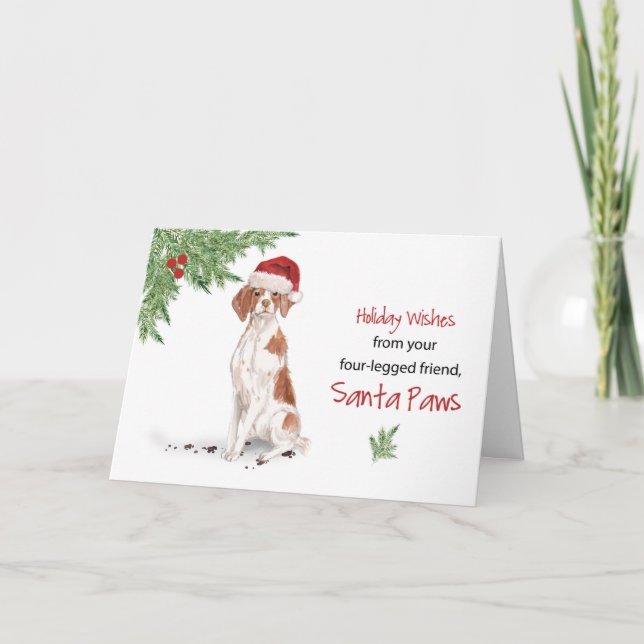 Carte Brittany Christmas From Dog in Funny Santa Hat (Devant)