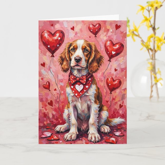Carte Brittany Spaniel Valentine’s Day Dog with Hearts (Fleur jaune)