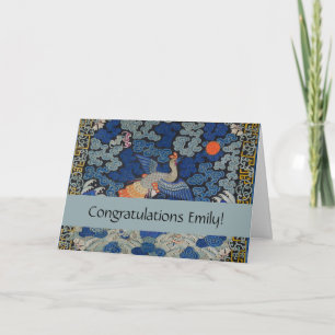 Carte Broderie chinoise bleu d'oiseau Vintage