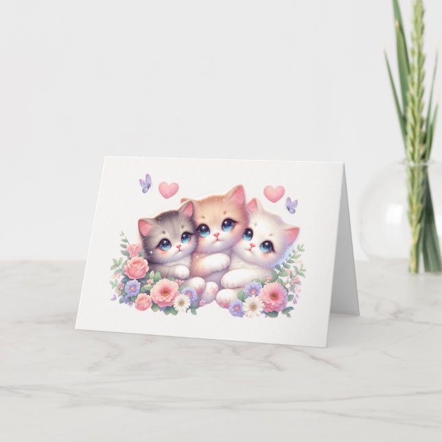 Carte Broderie Florale Pastel de Trois Chatons Fantaisis (Devant)
