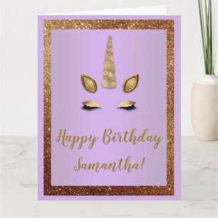Carte Bronze Glitter and Purple Gold Unicorn Birthday