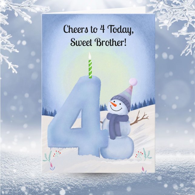 Carte Brother 4th Birthday Snowman with Snowy Four (Créateur téléchargé)