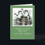 Carte Brother 60th Birthday Frogs Toasting with Beer<br><div class="desc">Joyeux 60ème à ton frère ! Envoyez une humeur joyeuse et amusante avec cette carte pendant qu'il célèbre son anniversaire. Les deux crapauds sont drôles car ils se lient et boivent au-dessus d'un tonneau, cela fera sûrement sourire votre frère et sentir toutes les bonnes vibrations! Image vintage avec l'aimable autorisation...</div>