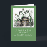 Carte Brother 60th Birthday Frogs Toasting with Beer<br><div class="desc">Joyeux 60ème à ton frère ! Envoyez une humeur joyeuse et amusante avec cette carte pendant qu'il célèbre son anniversaire. Les deux crapauds sont drôles car ils se lient et boivent au-dessus d'un tonneau, cela fera sûrement sourire votre frère et sentir toutes les bonnes vibrations! Image vintage avec l'aimable autorisation...</div>